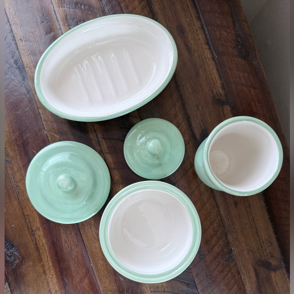 Pottery Barn Set of Bathroom Vanity Accessories Containers Celadon Jadeite Mint - Picture 3 of 9